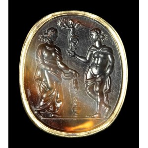 A large agate intaglio set in a gold ring. Allegorical scene.