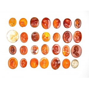 Lot of 28 postclassical carnelian and agate intaglios. Various bust portraits.