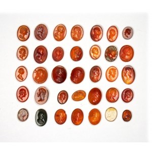 Lot of 35 postclassical carnelian and agate intaglios. Various bust portraits.