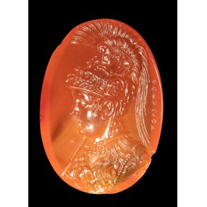 A large carnelian intaglio signed Aspasios. Bust of Athena Parthenos.