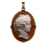 An early Victorian agate cameo set in a gold pendant. Laureated head of Apollo.