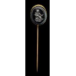 A dark glass paste impression set in a gold stick pin. Hercules as a child killing the snakes