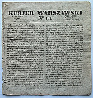 WARSAW COURIER. D. July 20. Friday . 1832. no. 193. format jw. pp. paginated from 1018 to 1024....