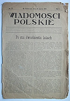 POLISH NEWS. Piotrków, on March 28, 1915. year I. No. 22 Print...