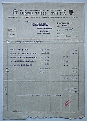 PRZMYSŁOWO - HANDLOWE ZAKŁADY CHEMICZNE LUDWIK SPIESS I SYN S. A. W-wa, 8. 11. 1941...