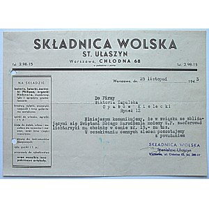 SKŁADNICA WOLSKA ST. UŁASZYN. W-wa, Chłodna 68. Druk ofertowy z 25 listopada 1943 r. Format podłużny 20/14 cm...