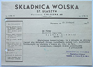 VOLSK DEPOT ST. ULASZYN. W-wa, Chlodna 68. offer print dated November 25, 1943. Oblong format 20/14 cm....