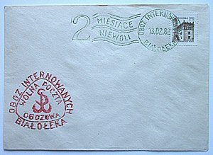[COPYRIGHT]. Red stamp : Bialoleka Internment Camp. Free Camp Post Office...