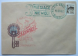 [COPY]. Red print; Bialoleka. Below it a crowned eagle across its breast the inscription SOLIDARNOSC....