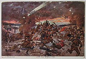 KOSSAK JERZY painting. Miracle on the Vistula 1920. Two postcards differing in font and captions under the painted image....