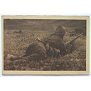 [Żolnierz piechoty na pozycji strzeleckiej]. Armja Polska - Polish Army.[Tekst J...