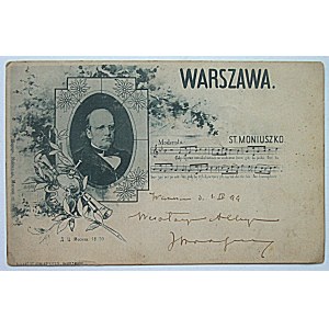[WARSZAWA]. St. Moniuszko. Portret kompozytora, muzyczne instrumenty, widoczek Teatru Wielkiego...