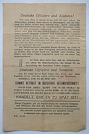 [ULOTKA]. A leaflet intended for German soldiers and officers dropped by Red Army airborne...