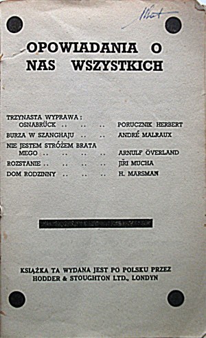 STORIES OF US ALL. London [1941]. Hodder & Stoughton Publishing. Printed by W.P. Griffith and Sons....
