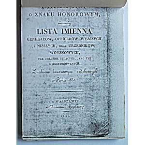 PRZEPISY o ZNAKU HONOROWYM niemniey Lista Imienna Generałów, Officerów Wyższych i Niższych...