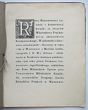 BONAWENTURA LENART. The thing of Bonawentura Lenart on the conservation of the book of 1789. Cracow 1926....