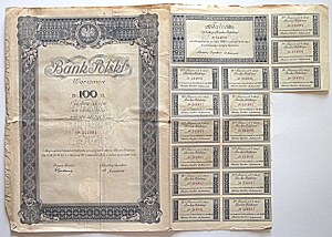 [ACTION]. Bank Polski Warsaw. PLN 100. One bearer share for one hundred zlotys No 344991....