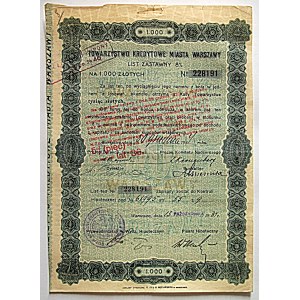 [ LIST ZASTAWNY]. TOWARZYSTWO KREDYTOWE MIASTA WARSZAWY. List Zastawny 8% na 1000 Złotych No 228191...