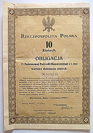 [OBLIGATION]. Republic of Poland. 10 Zlotys. OBLIGATION of 5% of the State Conversion Loan of r...