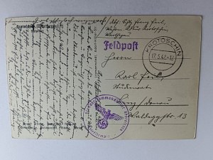 POHLEDNICE KROTOSZYN KROTOSCHIN, NÁDRAŽÍ, ZNÁMKA, 1942, ZNÁMKA S HÁKOVÝM KŘÍŽEM
