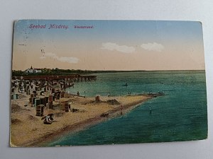 POHLEDNICE MIĘDZYZDROJE SEEBAD MISDROY, PLÁŽ, PŘEDVÁLEČNÝ 1914, ZNÁMKA, RAZÍTKO