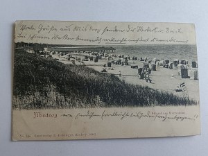 POHLEDNICE MIĘDZYZDROJE MISDROY, PLÁŽ, DLOUHÁ ADRESA, PŘEDVÁLEČNÁ, ZNÁMKA, ZNÁMKA, 1904