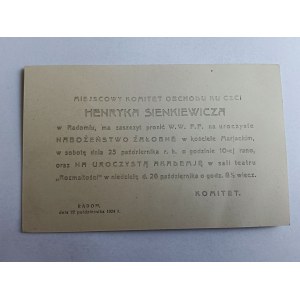 INVITATION RADOM, HENRYK SIENKIEWICZ, MEMORIAL SERVICE, SOLEMN ACADEMY, TETAR ROZMAITOŚCI, 1924