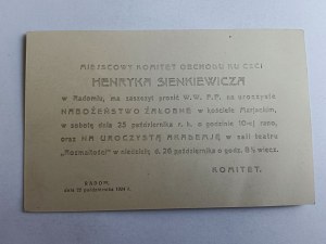 INVITATION RADOM, HENRYK SIENKIEWICZ, SERVICE COMMÉMORATIF, ACADÉMIE SOLENNELLE, TETAR ROZMAITOŚCI, 1924