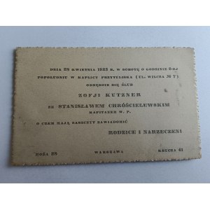 WEDDING INVITATION ZOFJA KUTZNER STANISŁAW CHRÓŚCIELEWSKI CAPTAIN W. P. WARSAW 1923