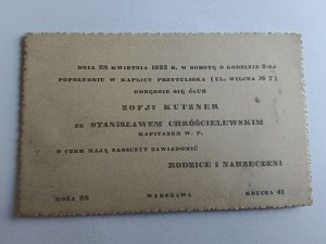 INVITATION DE MARIAGE ZOFJA KUTZNER STANISŁAW CHRÓŚCIELEWSKI CAPITAINE W. P. WARSAW 1923