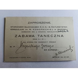 INVITATION TO A DANCE PARTY, RADOM, KONOPNICKA GYMNASIUM 1931