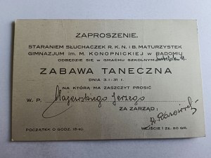 ZAPROSZENIE NA ZABAWĘ TANECZNĄ, RADOM, GIMNAZJUM IM KONOPNICKIEJ 1931 R