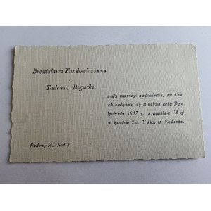 WEDDING INVITATION BRONISLAWA FUNDOWICZÓWNA AND TADEUSZ BOGUCKI, RADOM, 1937