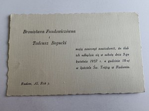ZAPROSZENIE NA ŚLUB BRONISŁAWA FUNDOWICZÓWNA I TADEUSZ BOGUCKI, RADOM, 1937 R
