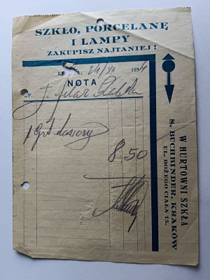 NOTA, VERRE, PORCELAINE, LAMPES, BUCHBINDER GLASS WHOLESALE, KRAKÓW UL BOŻEGO CIAŁA, 1934