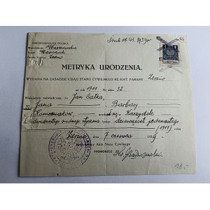 BIRTH CERTIFICATE, WARZAWA, ZERZNO, ZERZEŃ, STAMP, STAMP, KACZYDÓŁ, 1939