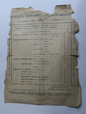 LISTE DE PRIX RUDOLF SCHWARZ BUDAPEST, LARD, BACON, LARD, TIMBRE TIMBRE 1921