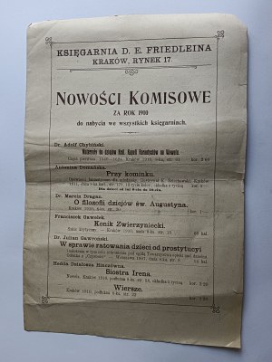 PROSPECTUS PUBLICITAIRE LIBRAIRIE FRIEDLEIN, KRAKÓW, PLACE DU MARCHÉ 17, COMMISSION NOUVEAUTÉS 1910