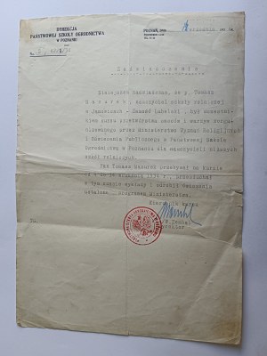 ZAŚWIADCZENIE POZNAŃ DYREKCJA PAŃSTWOWEJ SZKOŁY OGRODNICTWA, STAMP, 1934 R.