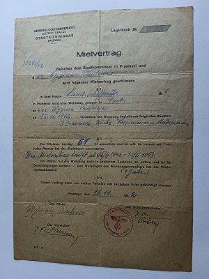 CONTRAT DE LOCATION, PENSÉE, GG KRAKAU 1942, TIMBRE À CROIX GAMMÉE, MIETVERTRAG, 6 TIMBRES