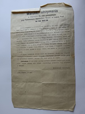 LETTRE D'INFORMATION, CONDITIONS D'INTERNAT POUR LES CLASSES DE COLLÈGE, LEŚNA PODLASKA, 1937