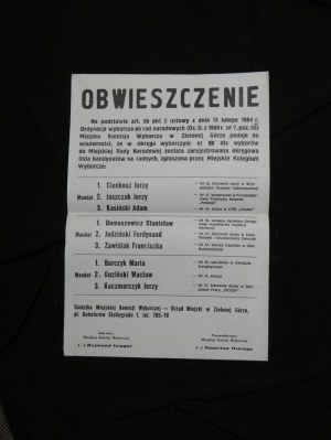 Poster Announcement Election to National Councils Zielona Góra 1988