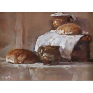Józef Panfil (b. 1958, Tomaszów Mazowiecki), Still life with loaves of bread