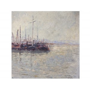 Unknown painter of the 20th century, Ships in the harbor