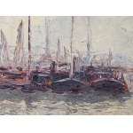 Unknown painter of the 20th century, Ships in the harbor