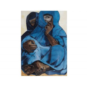 Bedouin women in blue robes, Mixed media on paper
