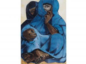 Bedouin women in blue robes, Mixed media on paper