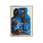 Bedouin women in blue robes, Mixed media on paper