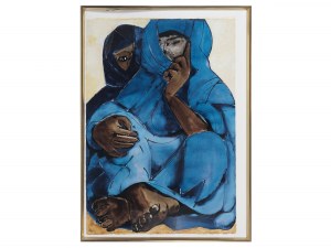 Bedouin women in blue robes, Mixed media on paper