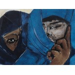 Bedouin women in blue robes, Mixed media on paper